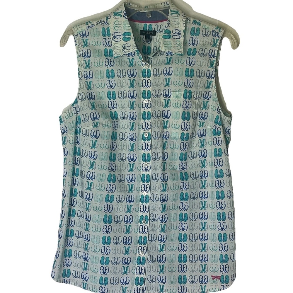 Talbots Flip Flop Sleeveless Button Down Shirt Womens 8 Cotton Summer Beach